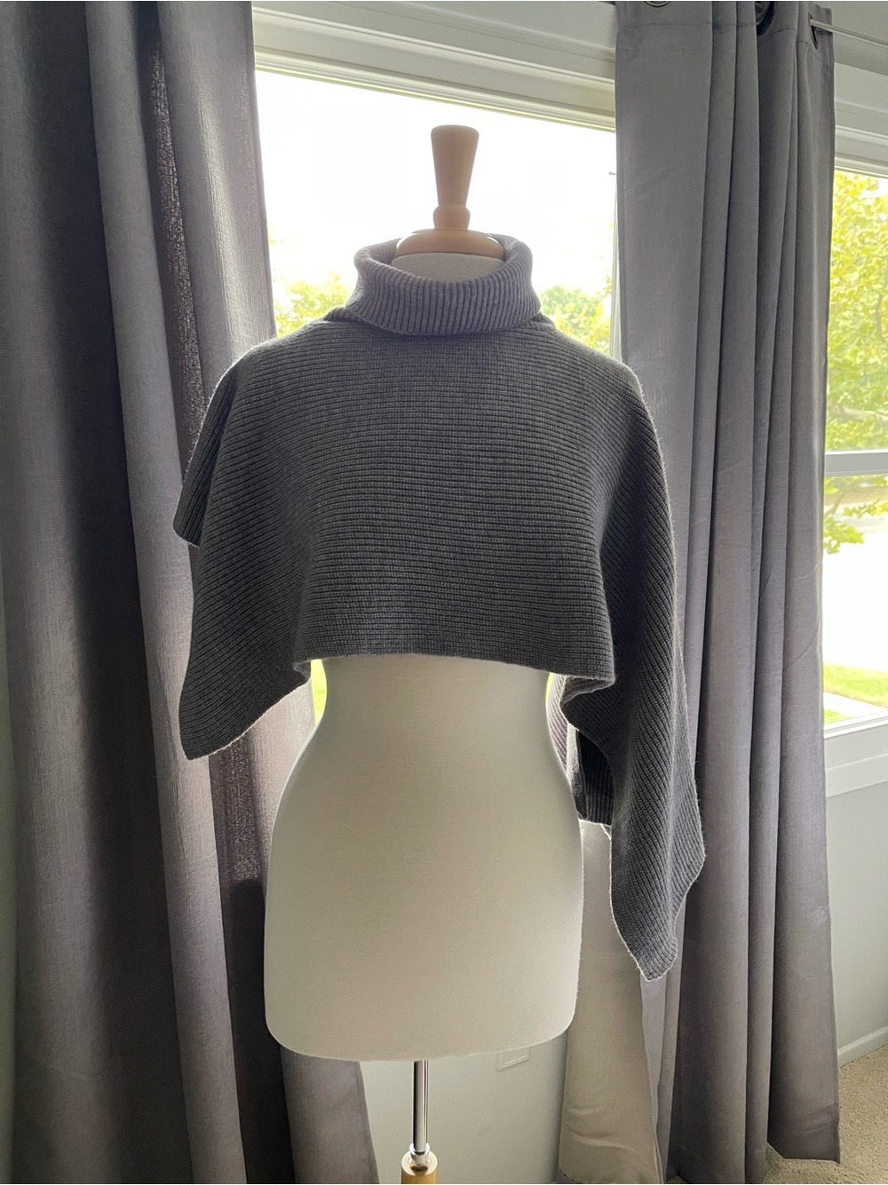 Cropped Gray Ribbed Turtleneck Poncho Sweater